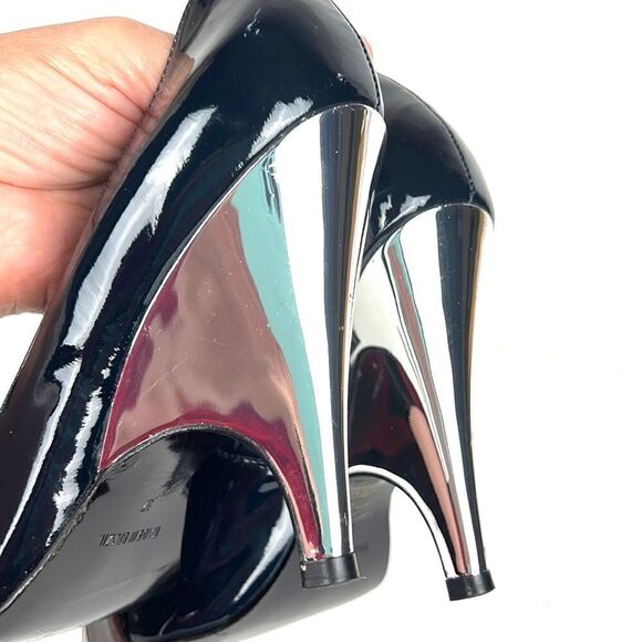 Karen Millen Dark Blue Patent  Mirror Silver Open Toe Heels / Wedge US 6 - Picture 9 of 16